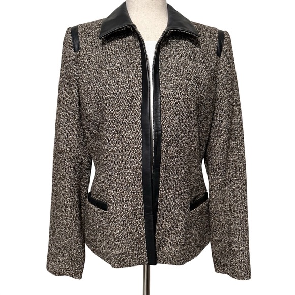 Dana Buchman Jackets & Blazers - Dana Buchman Wool Blend Open‎ Front Brown Tweed Blazer Black Leather Trim Size 8